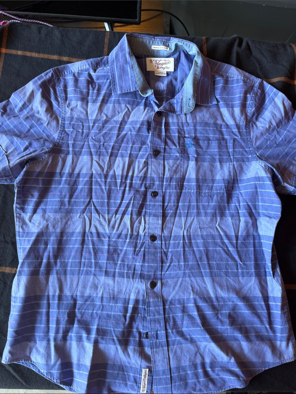 Original Penguin Purple-Blue Short Sleeve Button-Up Shirt